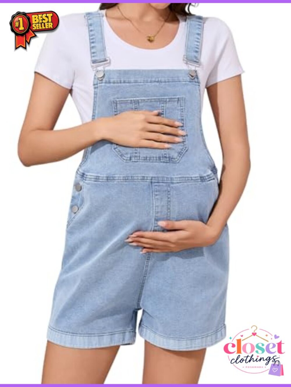 Maternity Denim Short Overalls Stretchy Bib Jumpsuit Adjustable Buckle